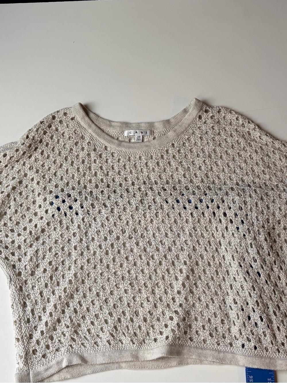 CAbi Cream Crochet Open-Knit Short Sleeve Sweater Top